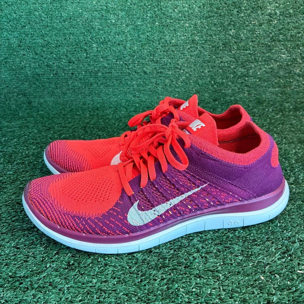 Nike Free Flyknit 4.0 Lightweight Breathable Running Shoes Red Purple Womens 10